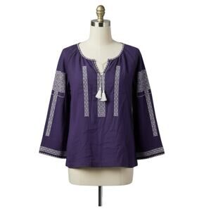 Talbots Purple Embroidered Boho Peasant Tassel Blouse Size M